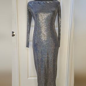 NWT Silver Sequin Open Back Maxi Dress